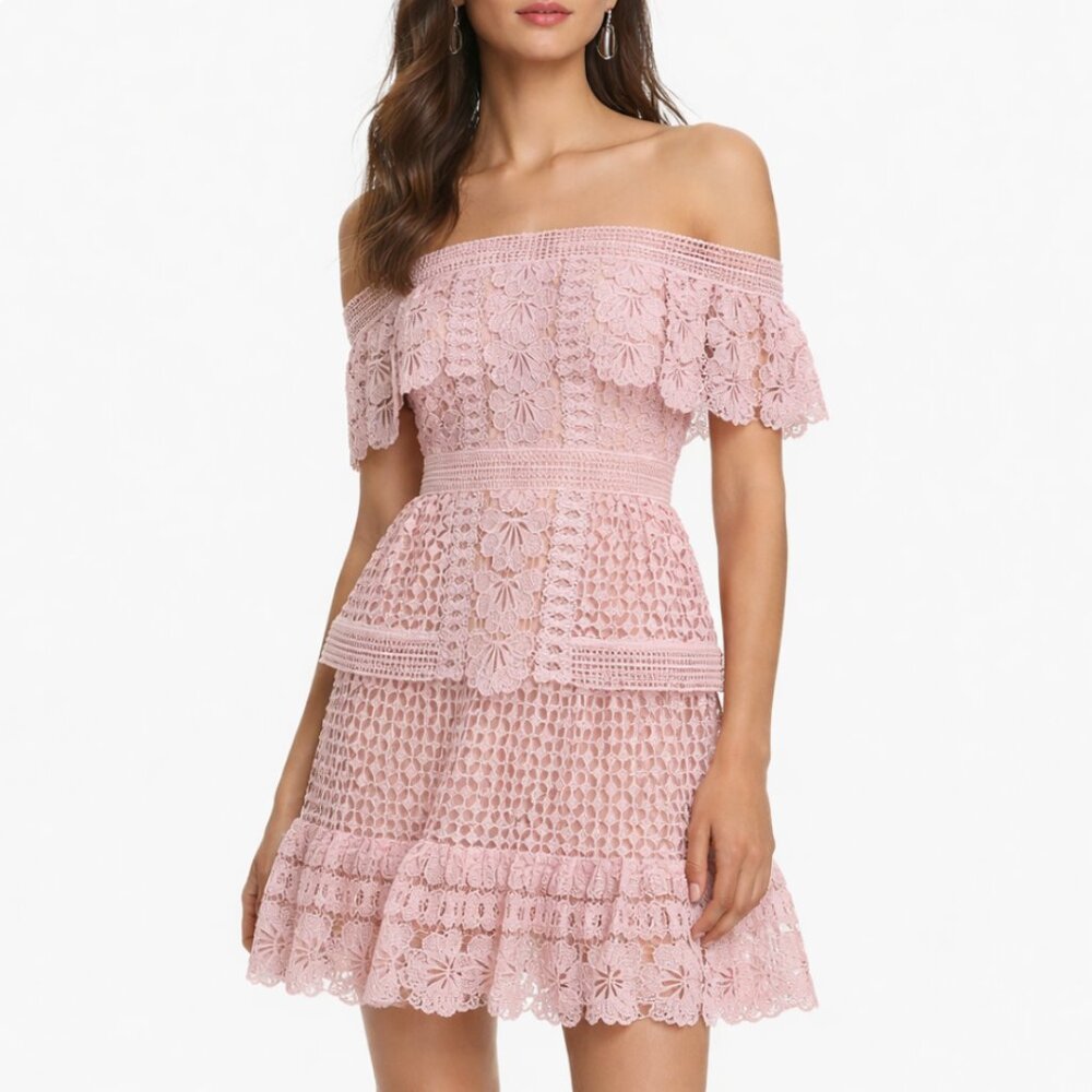 SELF-PORTRAIT Pink Lace Off-Shoulder Mini Dress Romantic Wedding Guest